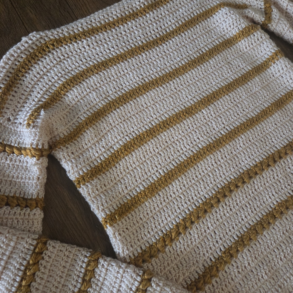 Hand Crocheted Cream & Mustard Striped Sweater Cottagecore Retro Chunky Knit